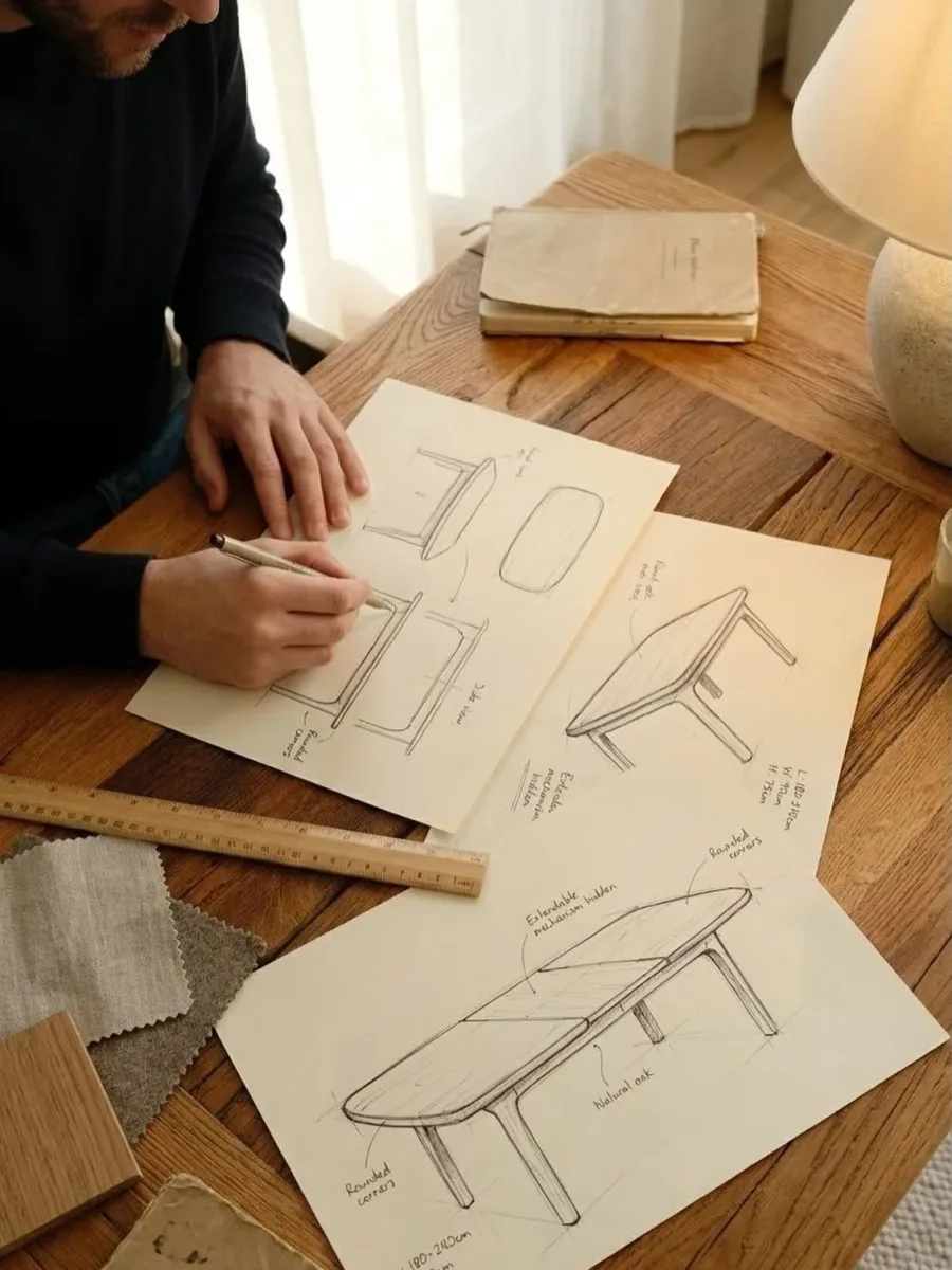 Hand sketching furniture plans on paper to represent structured design decisions